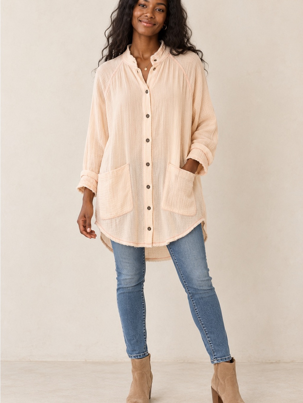 Free People Button-Front Peasant Shirt in Soft Cream
